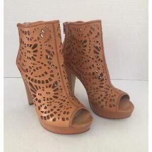 Sacha London Josie Camel Leather Open-Toe Platform Laser-Cut Bootie Size 6.5 US
